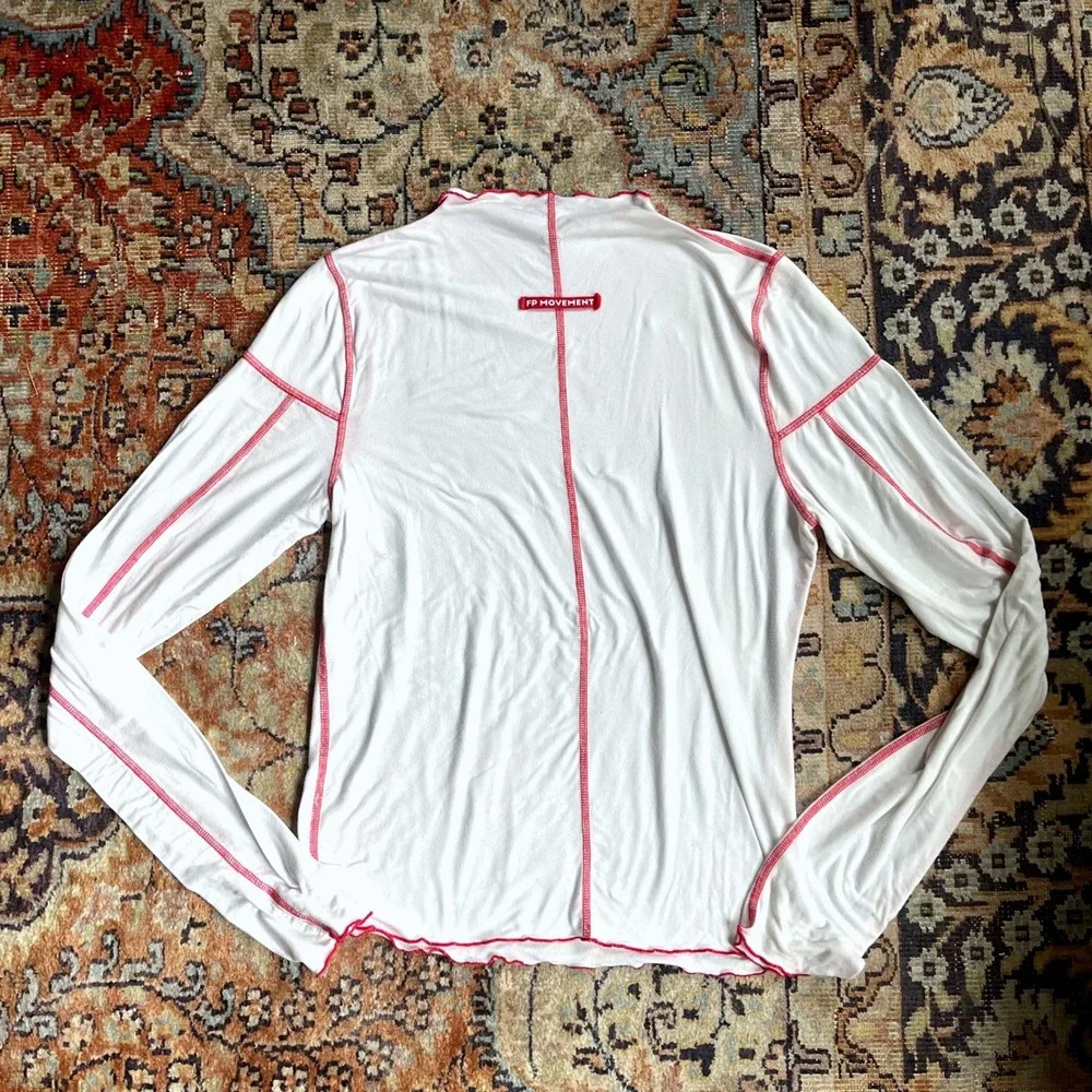 FP Movement Free People White Red Contrast Stitch Mock Neck Long Sleeve Top XL - Picture 5 of 9